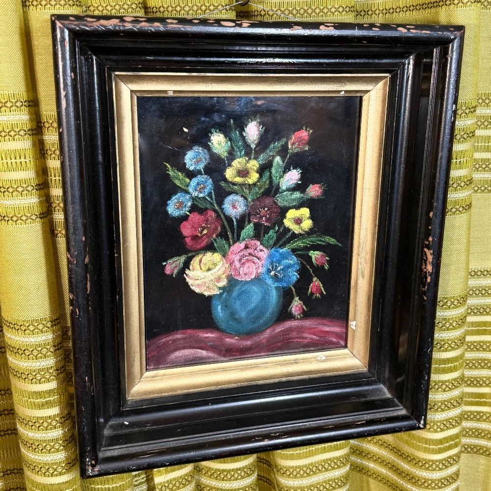 Vintage 1960s bouquet painting on velvet, thick oversized wood framed, damaged